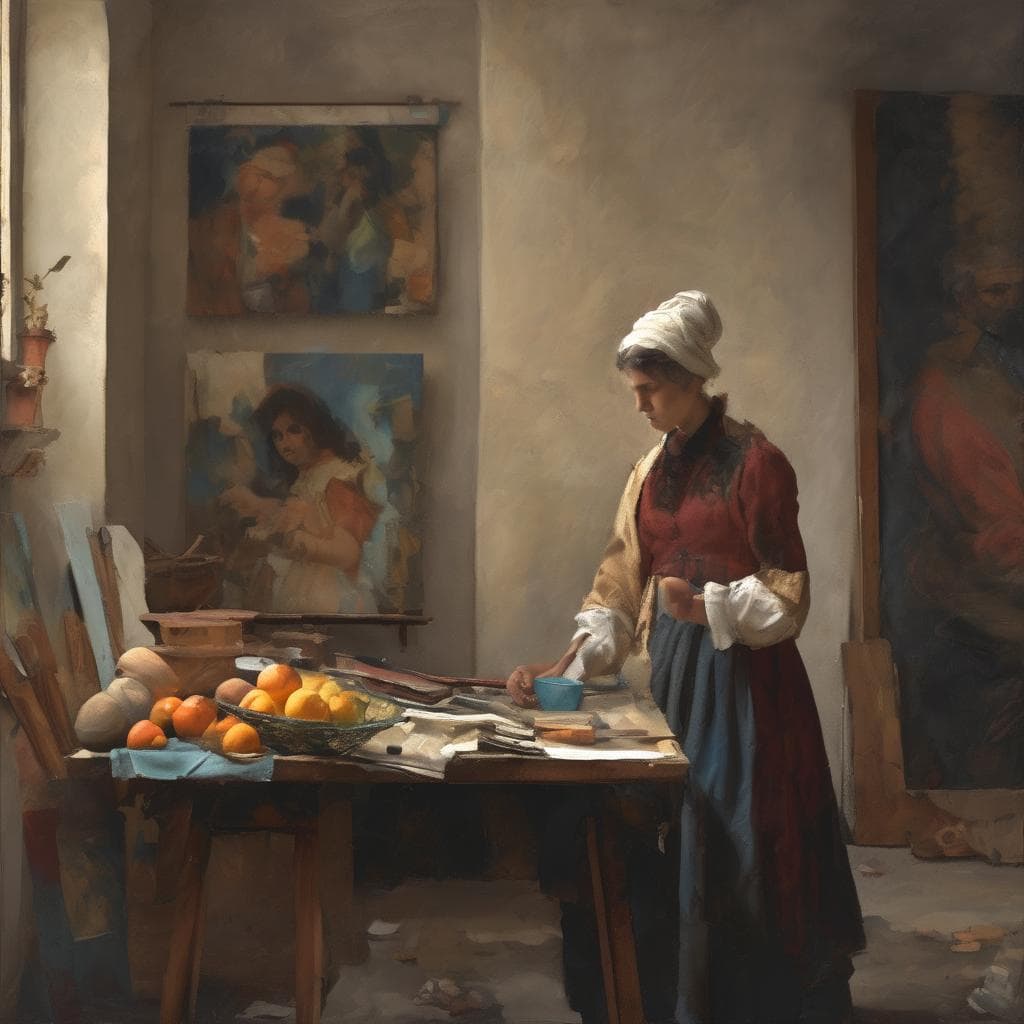 Ζύγιση φρούτων σε καλλιτεχνικό εργαστήριο με εμβληματικές γυναικείες φιγούρες, αναδεικνύοντας ταυτοτητα και ελευθερία στη γυναίκα.