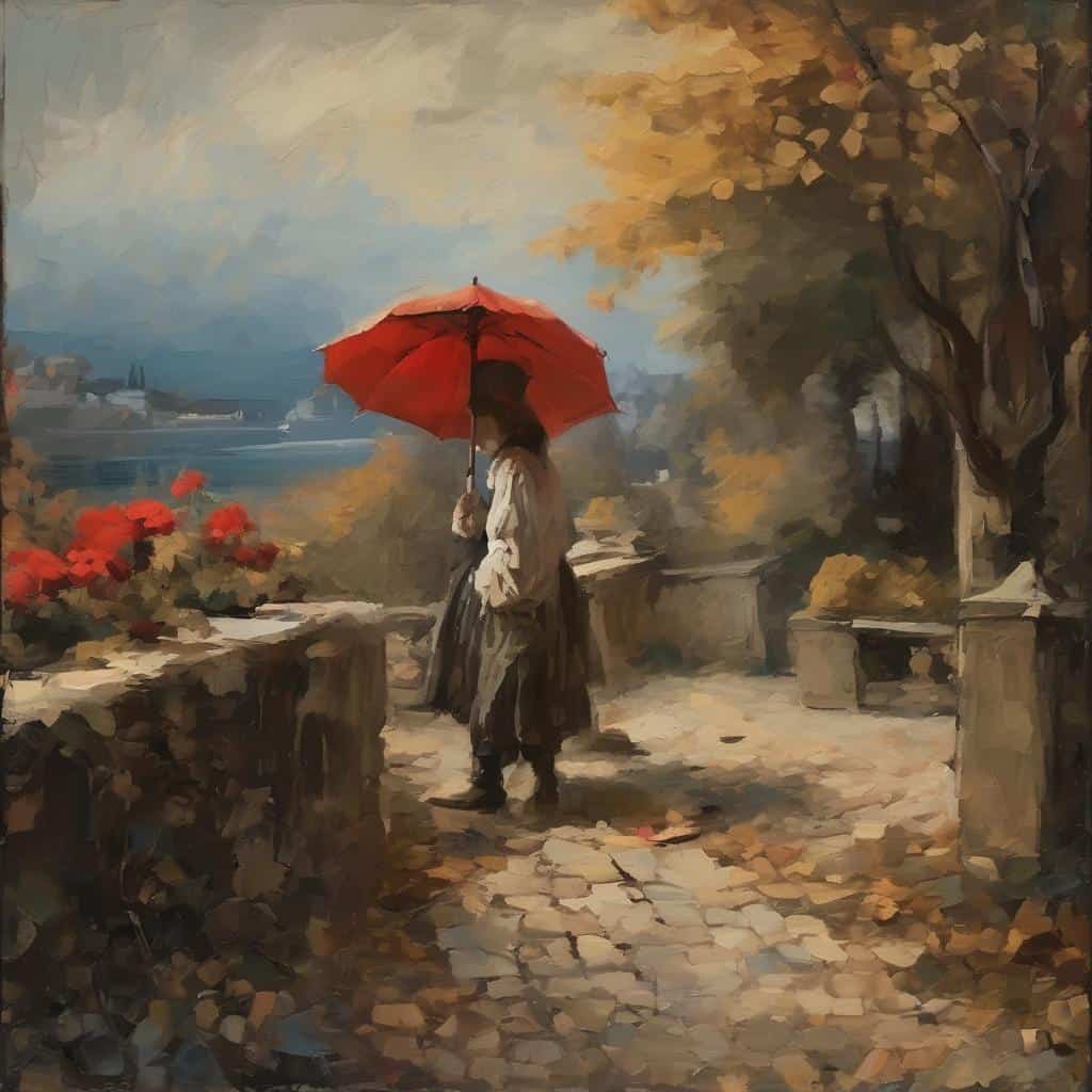 Ρομαντική φθινοπωρινή εικόνα με γυναίκα που κρατάει κόκκινη ομπρέλα δίπλα σε ποταμό, αγγίζοντας την ταυτότητα και ελευθερία στη τέχνη.