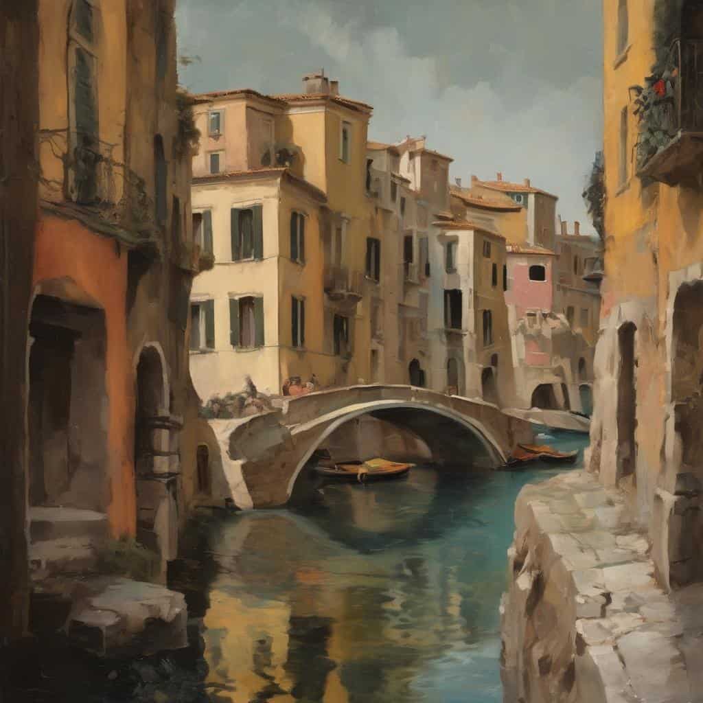 Παραδοσιακά κτίρια και γέφυρα σε κανάλι στη Βενετία, αντικείμενο φεμινιστικής τέχνης και ταυτότητας, ελευθερίας στην τέχνη.