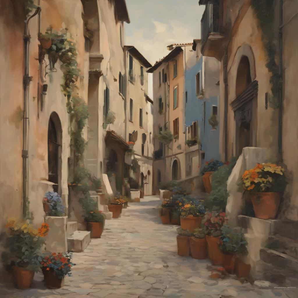 Γκρίζα και πολύχρωμα κτίρια σε παλιό λιθόστρωτο δρόμο, με λουλούδια σε πήλινες γλάστρες, έκφραση εστιατορικής και φεμινιστικής τέχνης, ταυτότητα και ελευθερία.